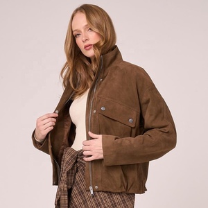 Blouson en cuir véritable marron foncé surdimensionné pour femme, automne 2026, en daim véritable, fermeture éclair, bouton, respirant, coupe-vent - Product Image 1