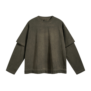 Camiseta de manga doble con lavado ácido gráfico Hip Hop de lujo con cuello redondo a la moda de alta calidad - Product Image 1