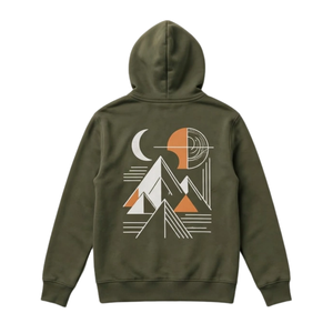 Sudadera con capucha verde oliva con cremallera completa y estampado llamativo de montaña, chaqueta informal estilo streetwear con capucha y estampado frontal y trasero. - Product Image 2