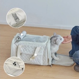 Soft-Sided Pet Carrier for <b>Cats</b> Quilted Textile Zipper Closure Breathable Mesh Window Beige Color Simple Design - Product Image 3