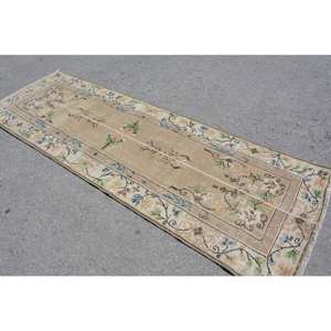 Tapis de Chevet Vintage Turc Classique Rectangle 3 X 9.2ft Fait à la Main Laine Patchwork Design Latex Support Modèle Beige Vert - Product Image 4