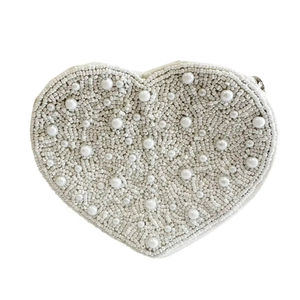 Elegant Beaded Embroidery <b>White</b> Heart Shape <b>Small</b> Wallet <b>Bag</b> Featuring Beautiful Design & Cute Touches By Hiba Enterprises - Product Image 1