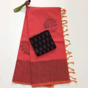 South Indian cotton hand block print saree with running blouse normal wash Multiple hand Stock