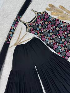 Sharara indien broderie travail femmes réversible cousu Georgette hiver Diwali traditionnel ethnique 3 pièces ensemble prêt à l'emploi - Product Image 3
