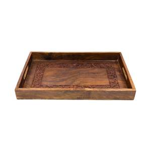 Plateau de service en bois massif fait main avec motif floral sculpté à la main, disponible avec finition naturelle personnalisée, meilleur prix - Product Image 5