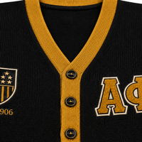 Cardigan universitaire personnalisé en coton 100% pour fraternité, avec lettres grecques, col en V, boutonnage, patchs brodés et poignets rayés, vente en gros