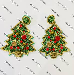 Pendientes de cuentas de árbol de Navidad chapados en oro de diseño único para mujer al por mayor, pendientes de aro de moda con cuentas multicolores hechos a mano - Product Image 2