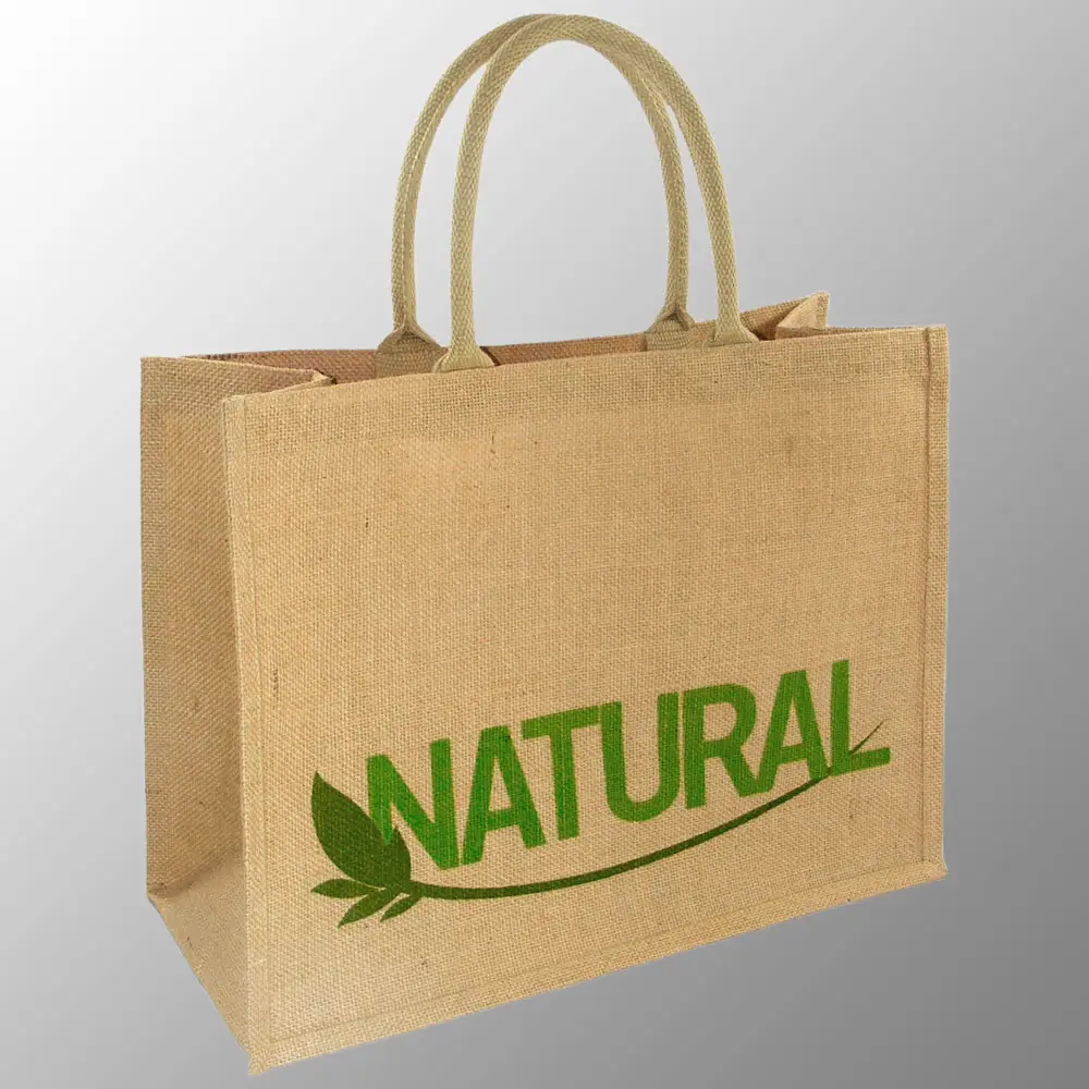 Natuurlijke Jute Shopping Promotie Cadeau Tas Met Custom Logo Zeefdruk Katoenen Web Handgrepen Jute Opvouwbare Strandtas Draagtas