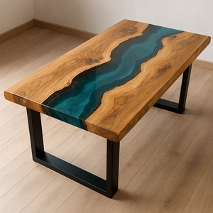 Table à manger rectangulaire moderne en résine époxy artisanale de luxe pour salon, plateau en bois d'acacia, imperméable, cadeau de mariage, personnalisable - Product Image 2