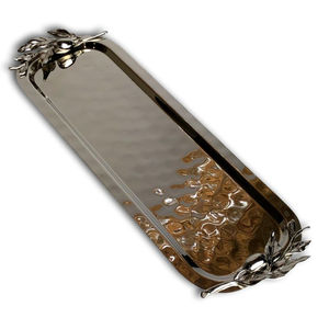 Base en bois Plateaux de service de nourriture martelés en acier inoxydable avec poignées en bois Plateaux de service de collations de dessert au chocolat - Product Image 6