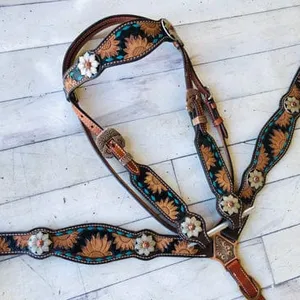 Sunflower Tooled Turquoise Buckstitch set Premium Cowhide lightweightTrending designs seasonal horse equipment tack