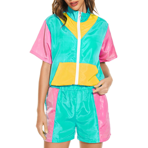 Conjunto de chándal a prueba de viento de 2 piezas con bloque de Color y cintura elástica frontal con cremallera de manga corta para mujer 2025 - Product Image 1