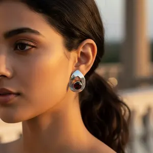 ต่างหูเงินแท้ 925 ชุบทอง 14K ประดับพลอยโกเมน วินเทจและทันสมัย สำหรับผู้หญิง  วัสดุทองคำขาว/ทองคำเหลือง ประดับเพชรเป็นหัวใจ - Product Image 3