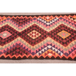 Turkish Vintage Rug 2.8x11.9 ft, Kilim <b>Red</b> Check <b>Wool</b> Rug - Product Image 4