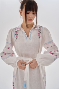 Robe longue brodée à manches courtes pour femmes 100% coton ivoire lin taille naturelle lavable décontracté - Product Image 6