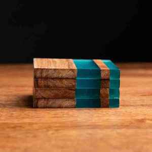 Sous-verres en bois d'acacia et résine, combinaison de bois de mangue et de pierre beige, ensemble de sous-verres avec sous-verres en mousse EVA - Product Image 2