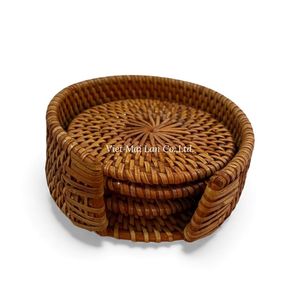Handwoven Rattan Coaster Set With Tray Crafted By Vietnamese Artisans For Home Drink Serving Use - Product Image 3