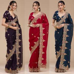 Sari de Satén Premium para Mujer con Bordado Pallu y Trabajo de Hilos Múltiples con Borde de Corte Arco, Última Moda - Product Image 3