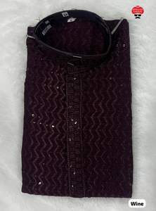 Festival tradicional para hombres Rayon Chikan Work Kurta con estampado dibujado a mano Conjunto de pijama de algodón por exportación en India para adultos - Product Image 4