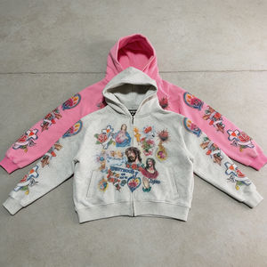 Wholesale Streetwear Y2k Vintage French Terry Combed Cotton Heavyweight DTG <b>Graphic</b> Print Acid Washed <b>Zip</b> <b>up</b> Men Cropped <b>Hoodies</b> - Product Image 1