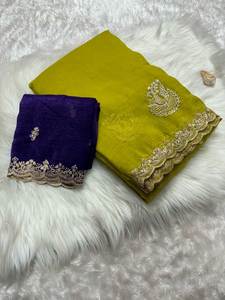 Peacock Work Heavy Fancy bordado puro suave tela crujiente hermoso sari con blusa de contraste pieza para boda especial - Product Image 6