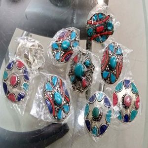 Bague de fiançailles ethnique pour femme en laiton fait main, pierres ovales, plaqué bronze antique, anneaux en grappe, cadeau - Product Image 1