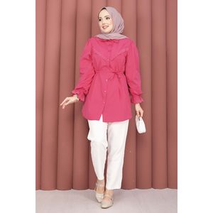 Camisa Elegante con Cordones Color Fucsia, Logotipo Bordado Floral, Cuello con Volantes, Talla XL, Tela de Popelina, Chifón y Tejido de Punto, Camisa Holgada Larga o Corta para Mujer - Product Image 1