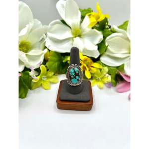 Navajo Made #8 Turquoise Sterling Silver <b>Statement</b> <b>Ring</b> Size 8.75 Bezel Setting Inlay Everyday Wear Dainty Hip-Hop Fine Jewelry - Product Image 1
