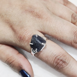 Joyería de piedra en bruto, anillo para mujer, piedra preciosa de zafiro azul crudo Natural, piedra natal de septiembre, anillo bohemio para fiesta, anillo de Plata de Ley 925 - Product Image 3