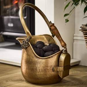 Heavy duty antique brass <b>coal</b> bucket for <b>coal</b> storage beside fire in rustic farmhouse heritage style home interiors - Product Image 3