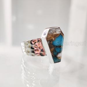 Bague Femme Cercueil Naturel Huître Cuivre Turquoise Gemme Décembre Pierre De Naissance Martelé Cercueil Bague Bague En Argent Sterling 925 - Product Image 3