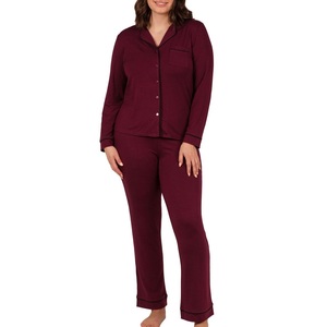 Conjunto de ropa de dormir personalizada de poliéster/algodón de talla grande, transpirable, suave, holgado, de manga larga, con botones, de Color sólido para mujer - Product Image 2