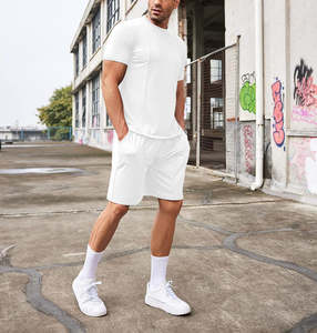 ชุดกางเกงขาสั้นลำลองสองชิ้นผ้าเทอร์รี่สีพื้นสำหรับผู้ชายชุดเสื้อยืดผ้าฝ้ายออร์แกนิก100% ระบายอากาศได้สำหรับฤดูร้อน - Product Image 2