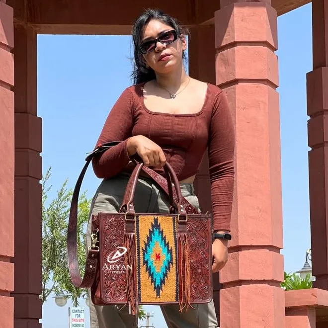 Keluaran baru tas Tote pinggiran kulit Tooled Aztec buatan tangan Navajo tas belanja wanita penjualan laris tas Tote gaya antik