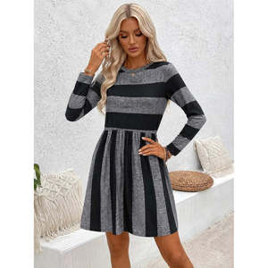 Robe mini Supreme à manches longues et col rond pour femme, motif rayé, 37853 - Noir - Product Image 1