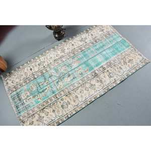 Alfombra turca vintage de 2,6x4,7 pies, hecha a mano, respetuosa con el medio ambiente, azul, Beige, lana, pila mediana, forma Rectangular, patrón abstracto, comedor, látex - Product Image 2