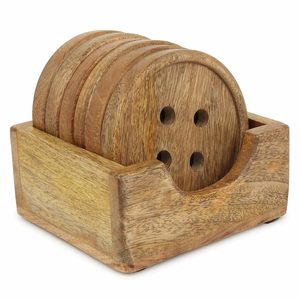 Ensemble de sous-verres en forme de bouton en bois naturel avec support Fini parfait pour protéger votre table et votre comptoir tout en ajoutant de l'élégance - Product Image 1