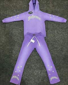 Ensemble sweat-shirt et pantalon de jogging unisexe décontracté à ourlet ouvert avec impression 3D en relief et strass, style décontracté, 2 pièces, effet délavé au soleil - Product Image 3