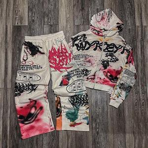 Streetwear OEM Y2K Ensemble de pantalons de survêtement à capuche Impression graphique personnalisée Survêtement deux pièces pour hommes 100% coton Fermeture éclair complète Street Wear - Product Image 4