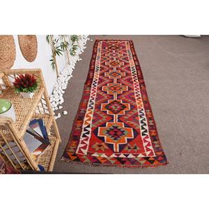 Alfombra Kilim Roja turca Vintage, alfombra clásica de yute de 3,1x10,5 pies con patrón de retazos, técnica de tejido plano con respaldo de látex - Product Image 3
