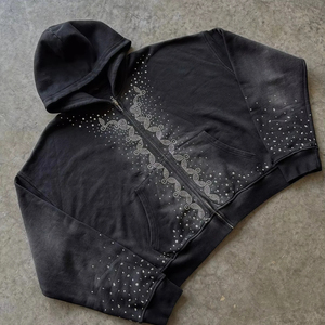 Chaqueta Negra de Invierno Estilo Hip Hop Urbano Personalizada para Hombre, Sudadera con Capucha Gruesa Lavada y Decolorada al Sol con Cierre y Pedrería - Product Image 1