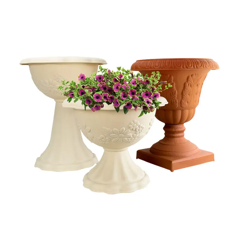 庭の装飾品の装飾のためのコンクリートトロフィーカップ床花瓶植木鉢を模倣する安価で大きな背の高い樹脂屋外ガーデンポット