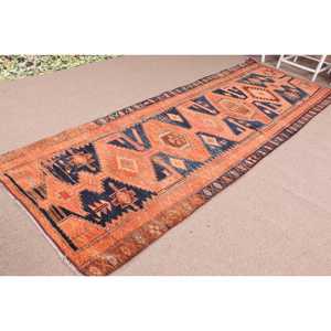 Vintage <b>Rug</b>, 3.8x11.4 ft <b>Runner</b> <b>Rug</b>, Orange Blue Herki Wool <b>Rug</b> - Product Image 2