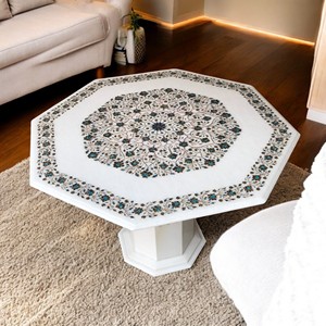 Table à manger octogonale en marbre blanc de grande taille, sculptée à la main, incrustée de pierres semi-précieuses, décoration moderne pour la maison et le jardin - Product Image 2