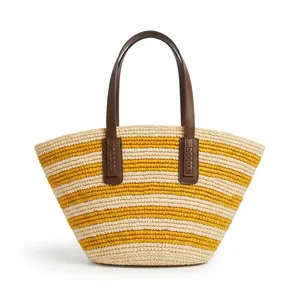 Bolso Tote de Rafia Hecho a Mano en Madagascar, Marca ANA, con Cierre de Cremallera, Forro de Poliéster, Rayas Beige y Naranja, Estilo Bohemio, Bolso de Verano - Product Image 2