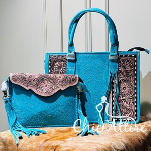 Nouveau femmes véritable outillage Floral cuir Turquoise grand sac fourre-tout et fabriqué à la main gaufrage cuir frange enveloppe pochette Combo ensembles - Product Image 1