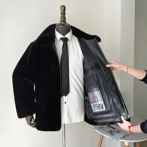 Abrigo de cuero de gamuza de grano superior para hombre, abrigo de piel de imitación, chaqueta de solapa corta, abrigo de invierno de imitación frío y cálido - Product Image 6