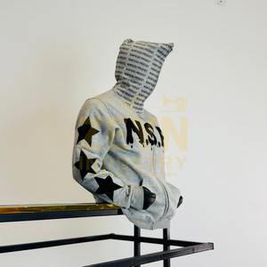 <b>Men</b> Full Zip Hoodie Vintage patchwork Print Street Style <b>Hoodies</b> Custom design Breathable grey color hoodie with <b>black</b> patchwork - Product Image 5