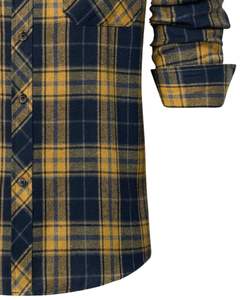 Chemise en flanelle à carreaux bleu marine et jaune moutarde pour homme, manches longues, boutonnée, décontractée, hiver, coupe ajustée, fabrication OEM. - Product Image 6