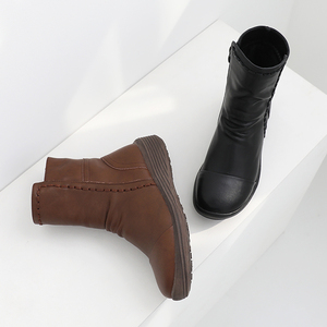 [JSHOE] Botines Cortos de Piel Vacuna con Costuras para Mujer, Tacón Bajo de 4 cm, Zapatos Casuales para Caminar - Product Image 1